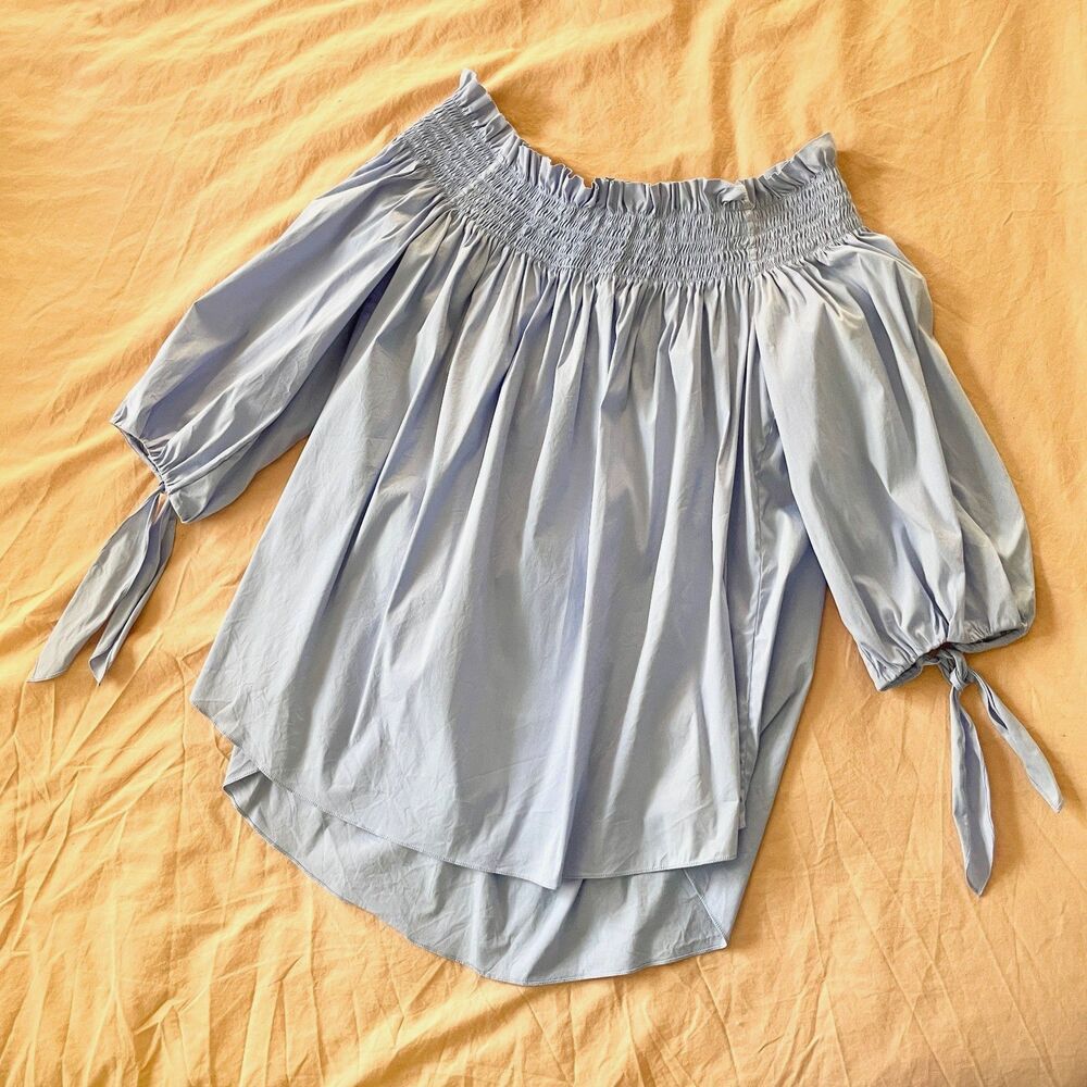Caroline Constas Lou Blue Poplin Off The Shoulder Blouse - Size M (Orig. $384)